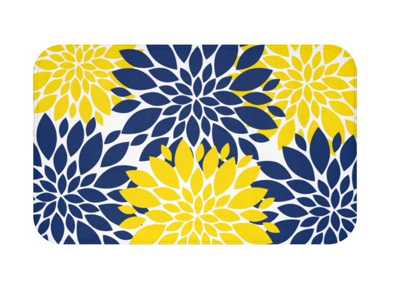 Yellow Navy Blue Floral Shower Curtain Dahlia Flowers Bathroom Decor Bath Mat Modern Simple Guest Bathroom Girls Bathroom P117