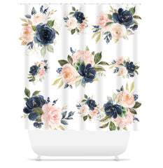 Floral Shower Curtain Blush Pink Coral Navy Blue Watercolor Flowers Beach Bathroom Decor Bath Mat Modern Guest Bathroom Girls Bathroom P118