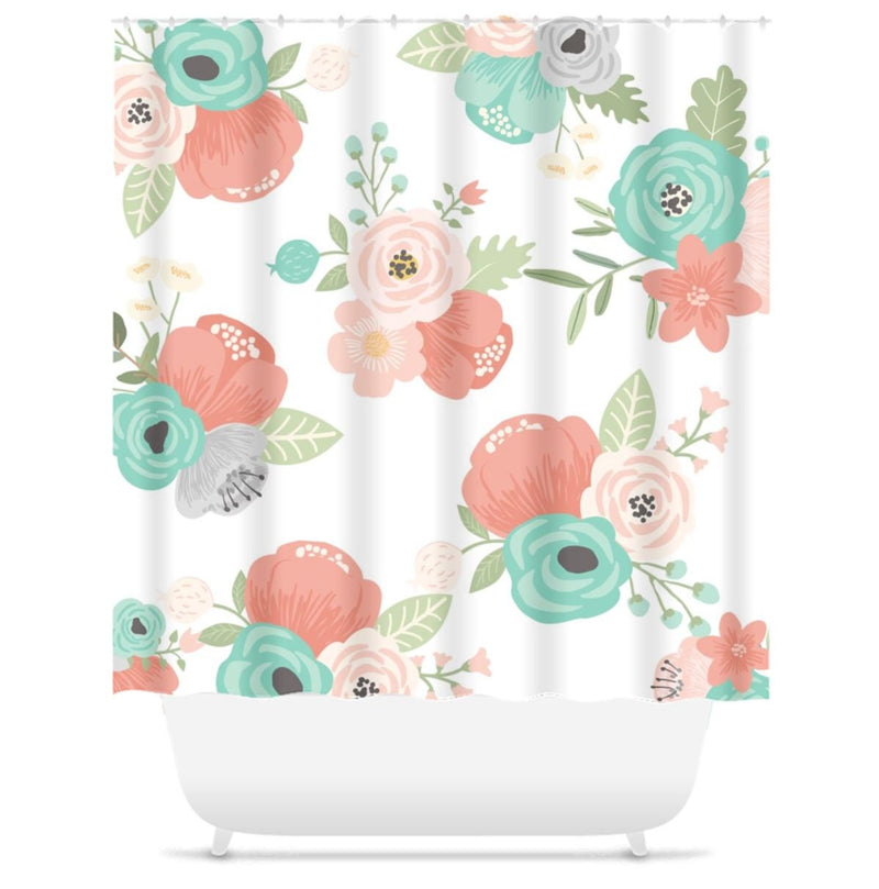 Floral Shower Curtain Coral Teal Mint Gray Flowers Bathroom Curtain Decor Floral Girl Bathroom Guest Bathroom Decor P133