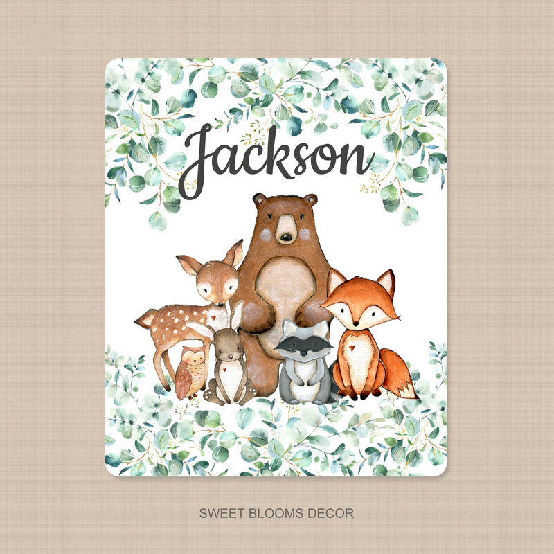 Woodland Animals Baby Boy Name Blanket Eucalyptus Greenery Leaves Trees Bear Fox Raccoon Deer Bunny Owl Baby Shower Gift B1054