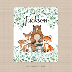 Woodland Animals Baby Boy Name Blanket Eucalyptus Greenery Leaves Trees Bear Fox Raccoon Deer Bunny Owl Baby Shower Gift B1054