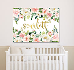 Floral Girl Nursery Name Sign Wall Art Blush Pink Gold Coral Flowers  Bedroom Decor Monogram Personalized Baby Shower Gift CANVAS C859