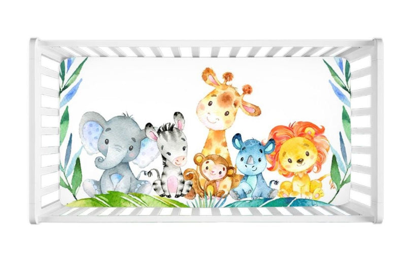 Jungle Safari Animals Crib Sheet, Greenery Leaves Newborn Baby Shower Gift  Elephant Giraffe Lion Monkey C107