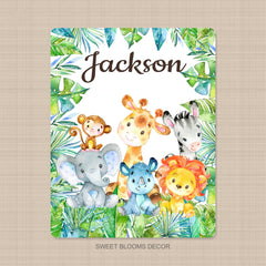 Jungle Animals Baby Boy Blanket Safari Tropical Leaves Greenery Name Blanket Newborn Monogram Baby Shower Gift Lion Elephant Giraffe B1056