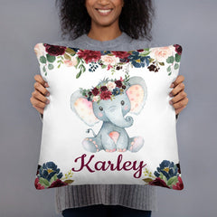 Elephant Floral Girl Name Throw Pillow Blush Pink Burgundy Red Navy Blue Maroon Watercolor Flowers  Nursery Bedding Decor 206