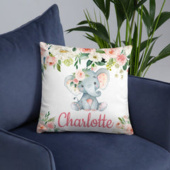 Elephant Floral Girl Throw Pillow Nursery Blush Pink Coral Bedroom Room Decor Cushion Girl Name Watercolor Room Decor Monogram Playroom P205