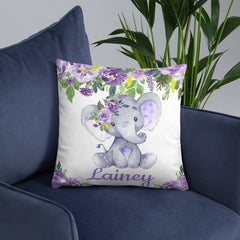 Elephant Floral Girl Throw Pillow Nursery Purple Lavender Bedroom Room Decor Cushion Girl Name Watercolor Room Decor Monogram Playroom P201