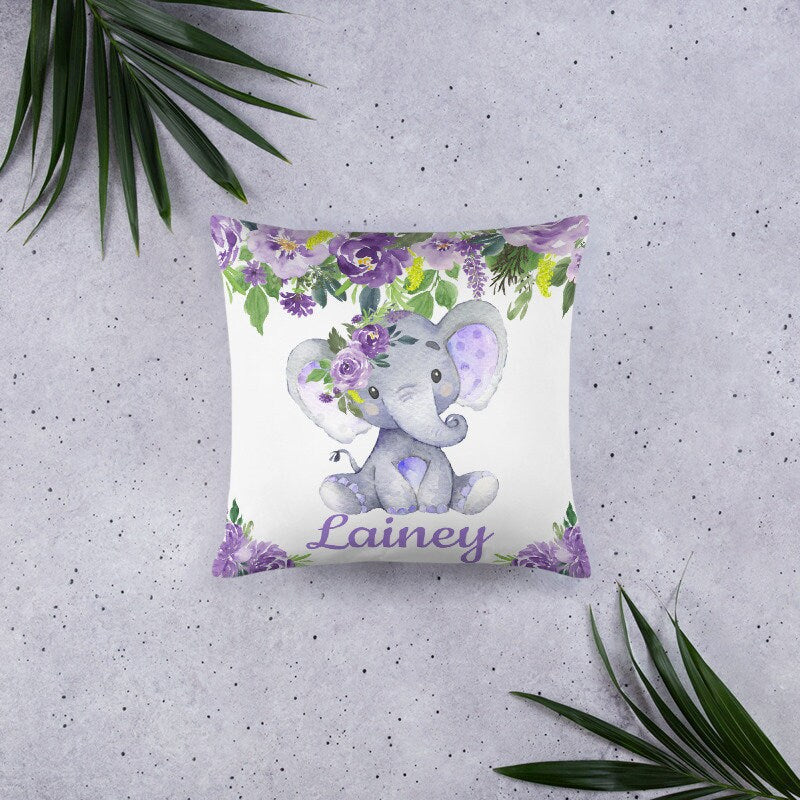 Elephant Floral Girl Throw Pillow Nursery Purple Lavender Bedroom Room Decor Cushion Girl Name Watercolor Room Decor Monogram Playroom P201