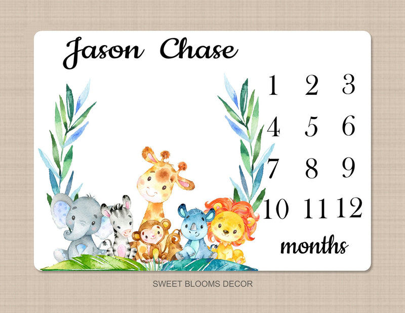 Jungle Animals Milestone Blanket Safari Baby Boy Zoo Forest Tropical Leaves Greenery Monthly Personalized Baby Shower Gift B1058