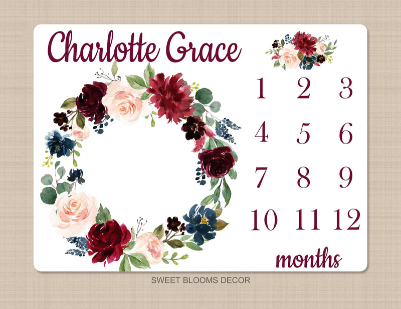 Girl Floral Milestone Blanket Blush Pink Burgundy Red Navy Blue Maroon Watercolor Flowers Wreath Baby Name Shower Gift Monthly B1070