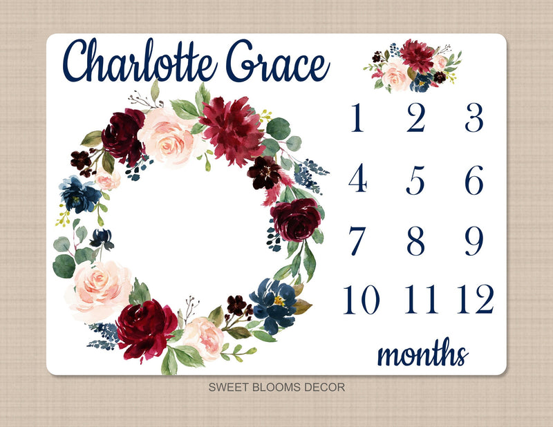 Girl Floral Milestone Blanket Blush Pink Burgundy Red Navy Blue Maroon Watercolor Flowers Wreath Baby Name Shower Gift Monthly B1071