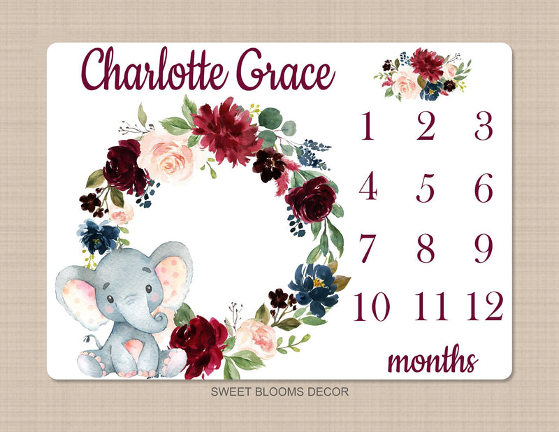 Elephant Floral Milestone Blanket Blush Pink Burgundy Red Navy Blue Maroon Watercolor Flowers Wreath Baby Name Shower Gift Monthly B1072