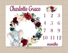 Elephant Floral Milestone Blanket Blush Pink Burgundy Red Navy Blue Maroon Watercolor Flowers Wreath Baby Name Shower Gift Monthly B1072