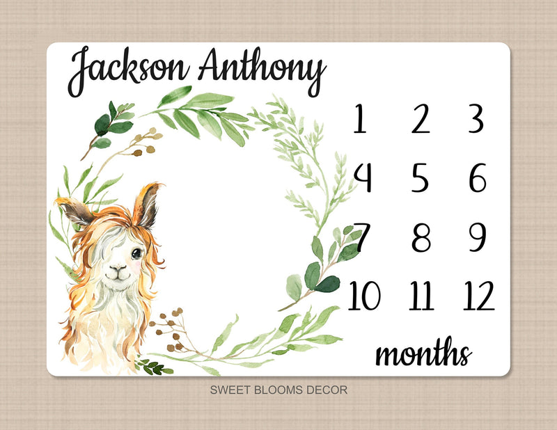 Llama Baby Boy Milestone Blanket Monthly Growth Tracker Newborn Green Leaves Name Baby Shower Gift B1020