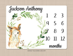 Llama Baby Boy Milestone Blanket Monthly Growth Tracker Newborn Green Leaves Name Baby Shower Gift B1020