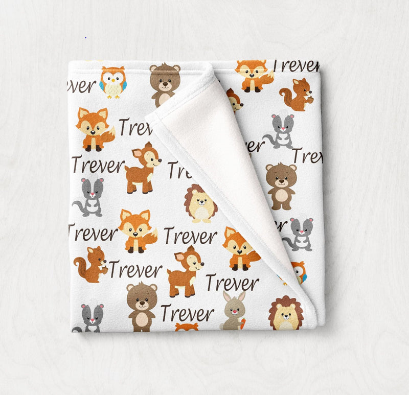 Personalized Baby Blanket Woodland Animals Baby Boy Girl Neutral Swaddle Receiving Baby Shower Gift Fleece Minky B1025