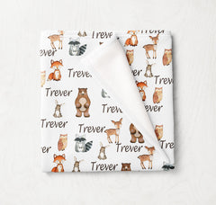 Personalized Woodland Baby Blanket Baby Boy Girl Neutral Swaddle Receiving Baby Shower Gift Fleece Minky Nursery Bedding B1026