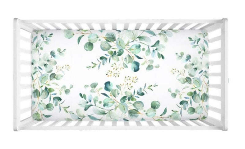 Eucalyptus Crib Sheet Leafy Greenery Watercolor Leaves Forrest Newborn Baby Boy Shower Gift  C113