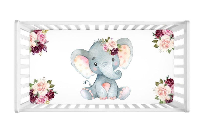 Elephants Baby Girl Crib Sheet Watercolor Blush Pink Burgundy Red Floral Baby Girl Flowers Shower Gift  C103