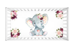 Elephants Baby Girl Crib Sheet Watercolor Blush Pink Burgundy Red Floral Baby Girl Flowers Shower Gift  C103