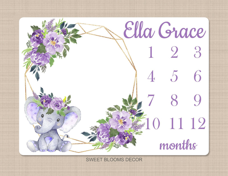 Elephant Floral Milestone Blanket Girl Purple Flowers Monthly Growth Tracker Newborn Girl Lavender Name Blanket Baby Shower Gift B1076