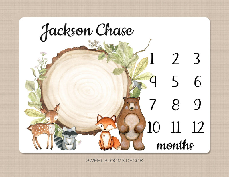 Woodland Milestone Blanket Personalized Rustic Forest Animals Greenery Log Bear Fox Deer Raccoon Newborn Photo Prop Baby Shower Gift 1040