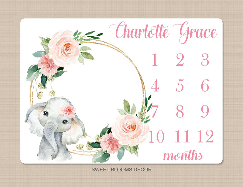 Milestone Blanket Elephant Girl Floral Coral Blush Pink Flowers Personalized Newborn Baby Girl Watercolor Flowers Baby Shower Gift B1079