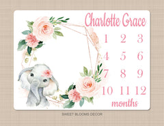 Milestone Blanket Elephant Girl Floral Coral Blush Pink Flowers Personalized Newborn Baby Girl Watercolor Flowers Baby Shower Gift B1083