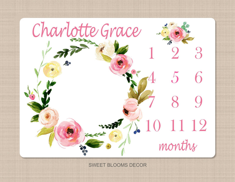 Girl Milestone Blanket Personalized Floral Coral Blush Pink Newborn Baby Girl Watercolor Flowers Baby Shower Gift Monthly Growth B1088