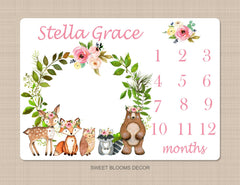 Woodland Girl Milestone Blanket Pink Floral Monthly Growth Tracker Newborn Baby Girl Name Wreath Flowers Baby Shower Gift  B1045