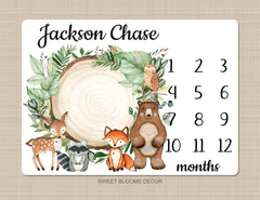 Woodland Milestone Blanket Personalized Rustic Forest Animals Greenery Log Bear Fox Deer Raccoon Newborn Photo Prop Baby Shower Gift B1092