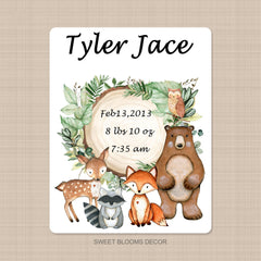 Woodland Baby Boy Name Blanket Greenery Leaves Trees Log Watercolor Personalized Birth Announcement Baby Shower Gift Bedding B1094