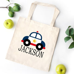 Police Car Tote Bag Personalized Kids Canvas School Bag Custom Preschool Daycare Toddler Beach Tote Bag Birthday Favor Gift Library T172