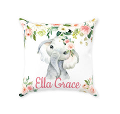 Elephant Floral Girl Throw Pillow Nursery Decor Blush Pink Coral Flowers Bedroom Room  Cushion Girl Name Monogram Baby Shower Gift P208