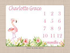 Flamingo Milestone Blanket Personalized Tropical Floral Newborn Baby Girl Watercolor Flowers Baby Shower Gift Monthly Growth  B1096