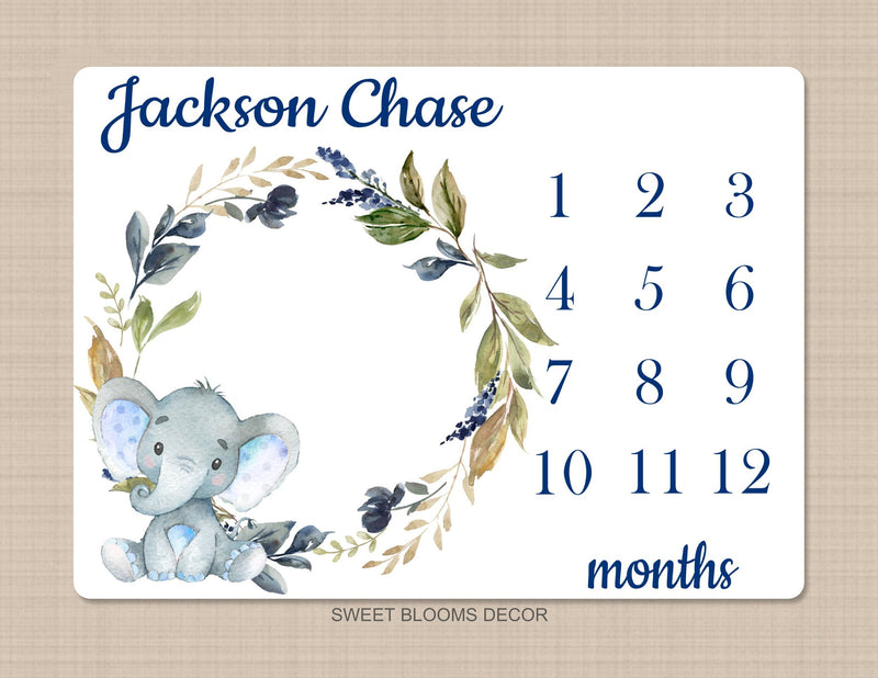 Elephant Milestone Blanket Baby Boy Leaves Blue Flowers Monthly Growth Tracker Personalized  Nursery Decor Baby Shower Gift B1048