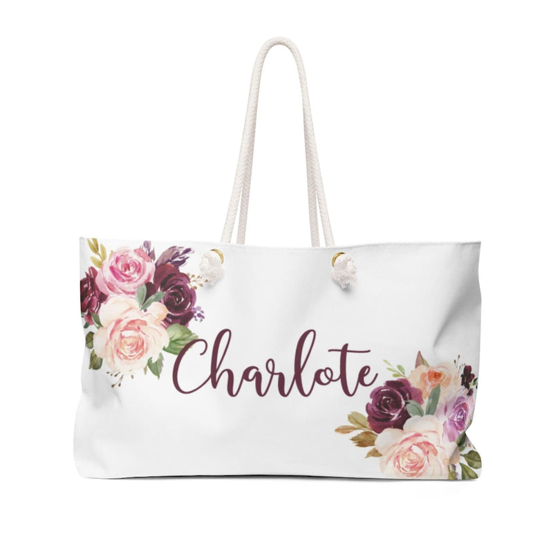 Floral Weekender Tote Personalized Name Blush Pink Burgundy Red Maroon Flowers Wedding Bride Bridesmaid Favor Bags Birthday Gift T170