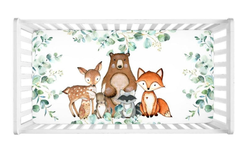 Woodland Animals Crib Sheet Watercolor Eucalyptus Greenery Leaves Newborn Baby Shower Gift  C107