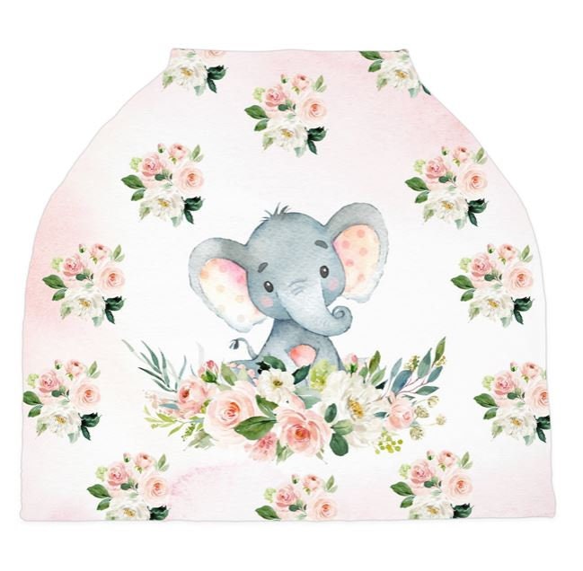 Elephant Baby Car Seat Cover Canopy Blush Pink Floral Girl Baby Shower Gift Shopping Cart Highchair Nursing Privacy Carseat Cover C102