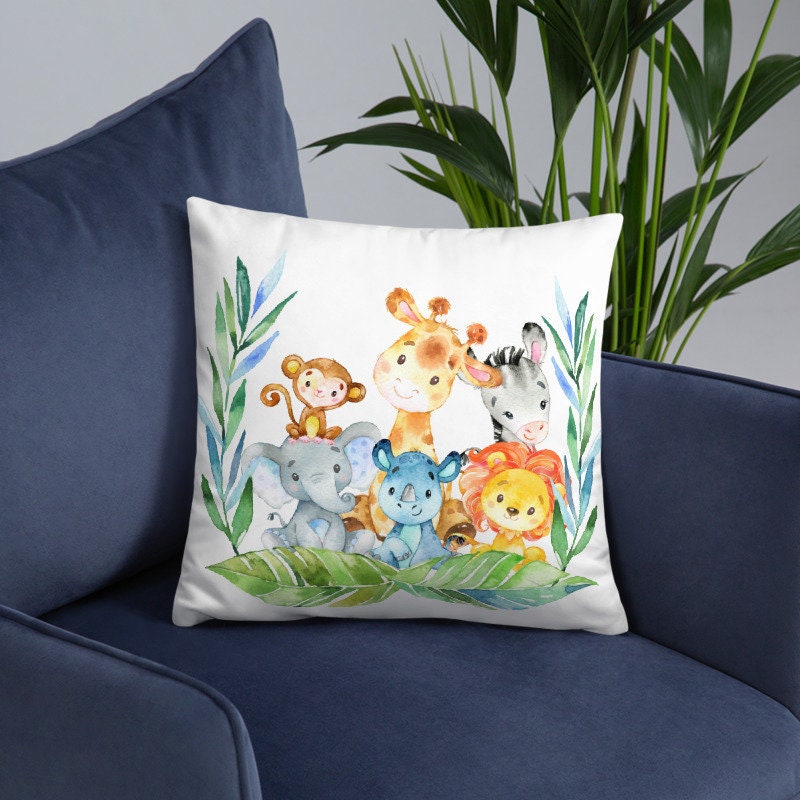 Jungle Safari Animals Nursery Throw Pillow Kids Bedroom Decor Baby Shower Gift Lion Monkey Elephant Giraffe Hippo Zebra Crib Bedding 204