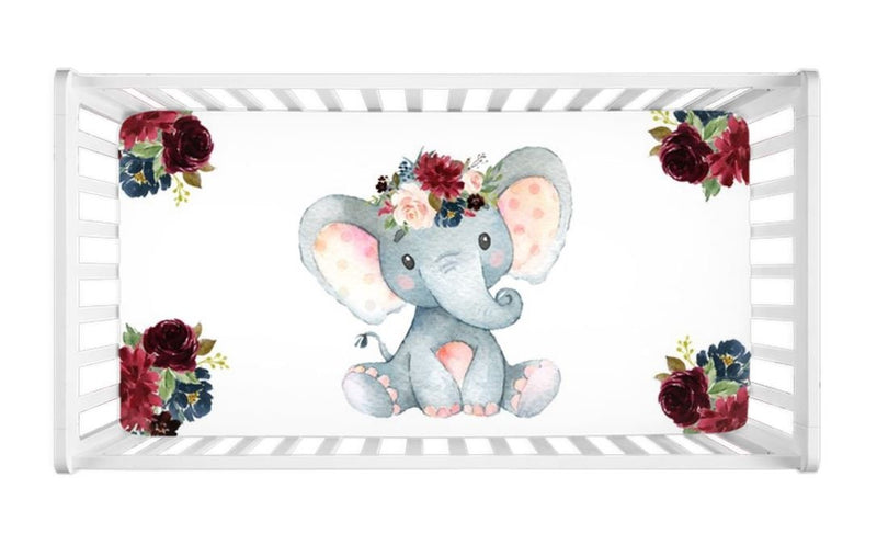 Elephant Baby Girl Crib Sheet Blush Pink Burgundy Red Navy Blue Maroon Flowers Shower Gift  C109