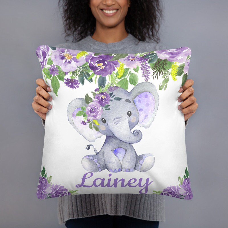 Elephant Floral Girl Throw Pillow Nursery Purple Lavender Bedroom Room Decor Cushion Girl Name Watercolor Room Decor Monogram Playroom P201