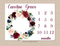 Floral Girl Milestone Blanket Blush Pink Burgundy Red Navy Blue Maroon Watercolor Flowers Wreath Baby Name Shower Gift Monthly B1069