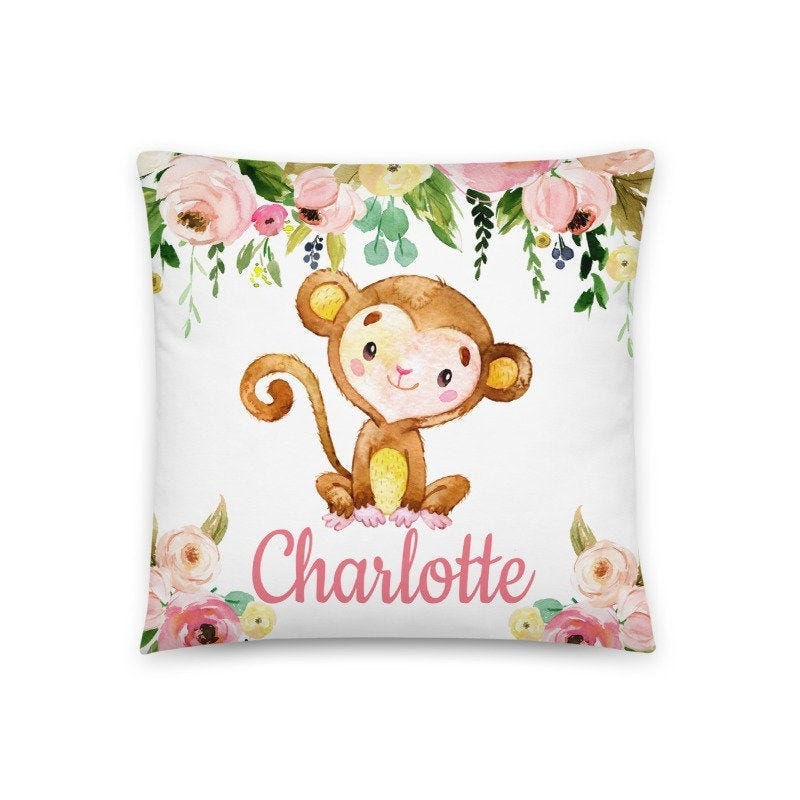 Monkey Floral Girl Throw Pillow Nursery Blush Pink Coral Bedroom Room Decor Cushion Girl Name Watercolor Room Decor Monogram Playroom P209