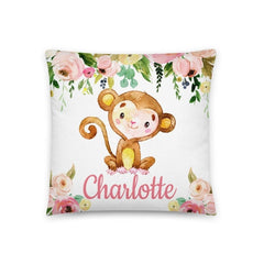 Monkey Floral Girl Throw Pillow Nursery Blush Pink Coral Bedroom Room Decor Cushion Girl Name Watercolor Room Decor Monogram Playroom P209