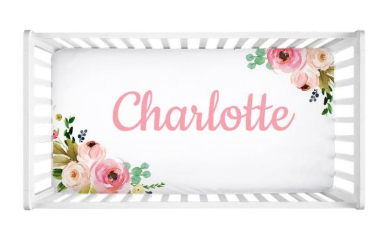 Floral Crib Sheet Watercolor Coral Blush Pink Name Newborn Baby Girl Flowers Shower Gift  C111