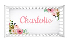 Floral Crib Sheet Watercolor Coral Blush Pink Name Newborn Baby Girl Flowers Shower Gift  C111