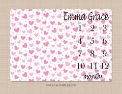 Girl Milestone Blanket Pink Hearts Monthly Growth Tracker Baby Girl Blanket Name Blanket Baby Shower Gift B1102