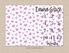 Girl Milestone Blanket Lilac Lavender Hearts Monthly Growth Tracker Baby Girl Blanket Name Blanket Baby Shower Gift B1103