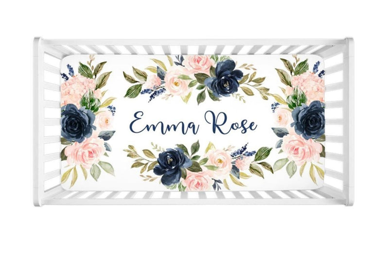 Floral Crib Sheet Watercolor Navy Blue Coral Blush Pink Newborn Baby Girl Name Flowers Shower Gift C118